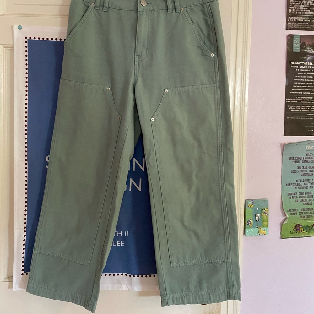 teal low rise cropped pants